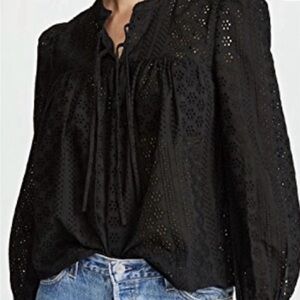 Madwell Black Eyelet Peasant Top With Tie Front Size XXS